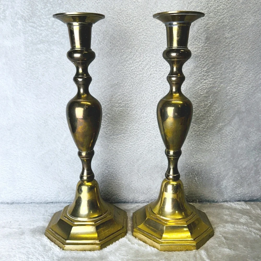 Vtg. Brass Candlesticks Pair 12 Inch Altar Hexagon Base Baluster Stem India Gold